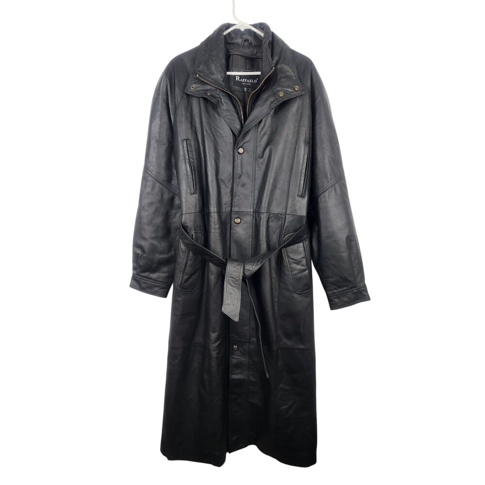 Raffaelo Black Trench Leather Coat Men Medium Belted Lined